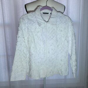 SAMUEL DONG 3/4 Sleeve Zip-Up w/Collar 100% Cotton White Fitted Jacket L